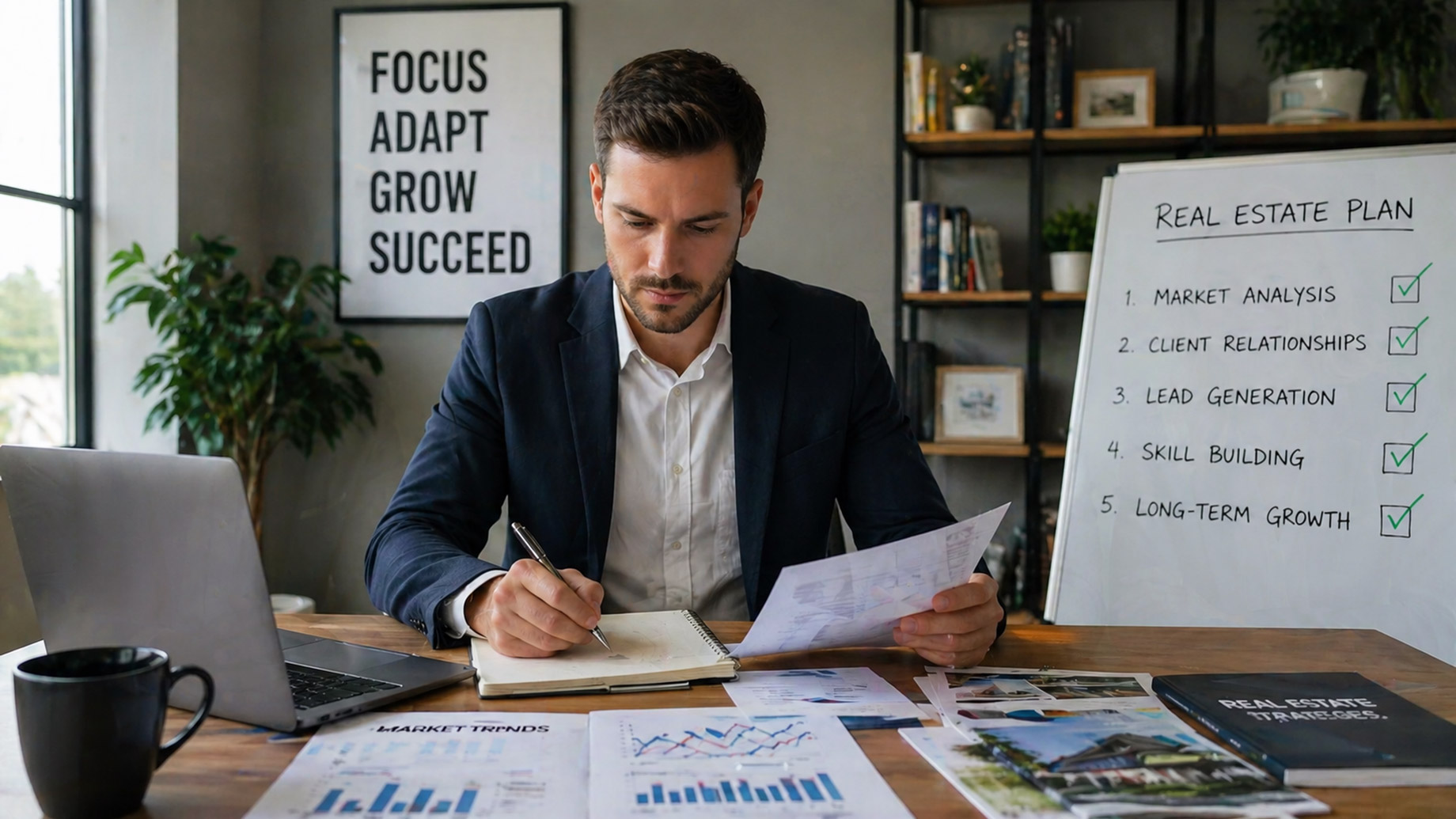 Real estate professional reviewing market data and strategy notes in a modern office, with planning materials and property reports on the desk.
