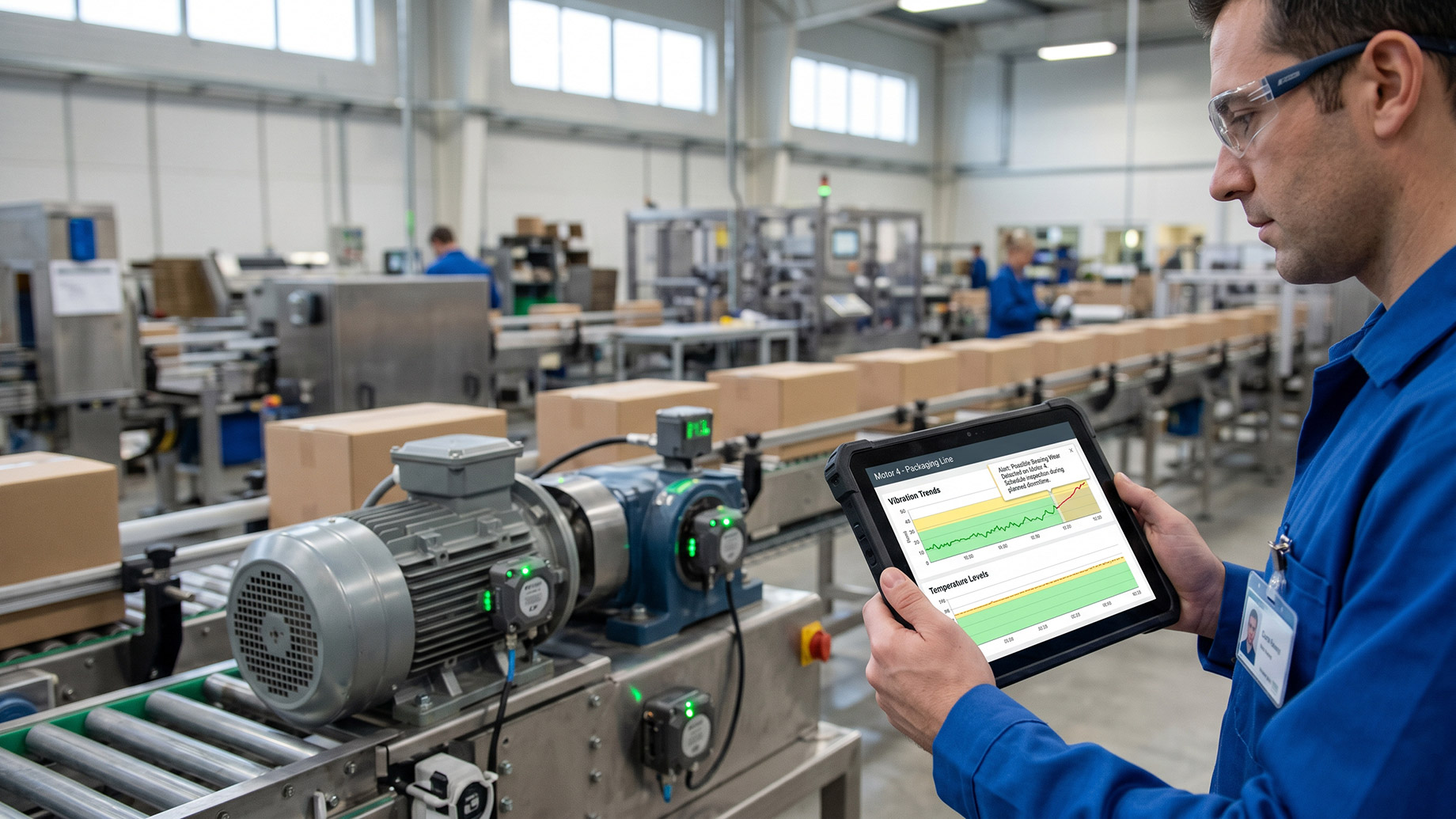 A maintenance technician in a modern facility looks at performance graphs on a rugged tablet. In the foreground, an industrial electric motor powering a packaging conveyor belt is equipped with connected monitoring sensors.