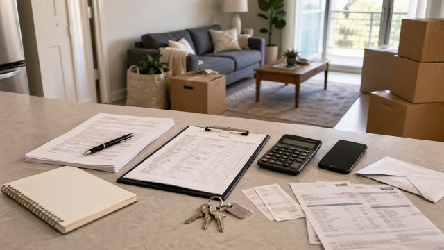 Lease documents, calculator, keys, utility bills, and moving boxes inside a modern rental apartment.