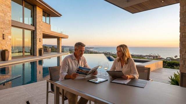 A man and woman sit at an outdoor table on a modern stone terrace overlooking the ocean at sunset. They are reviewing documents, a brochure with property photos, and tablets. An infinity pool is in the background.