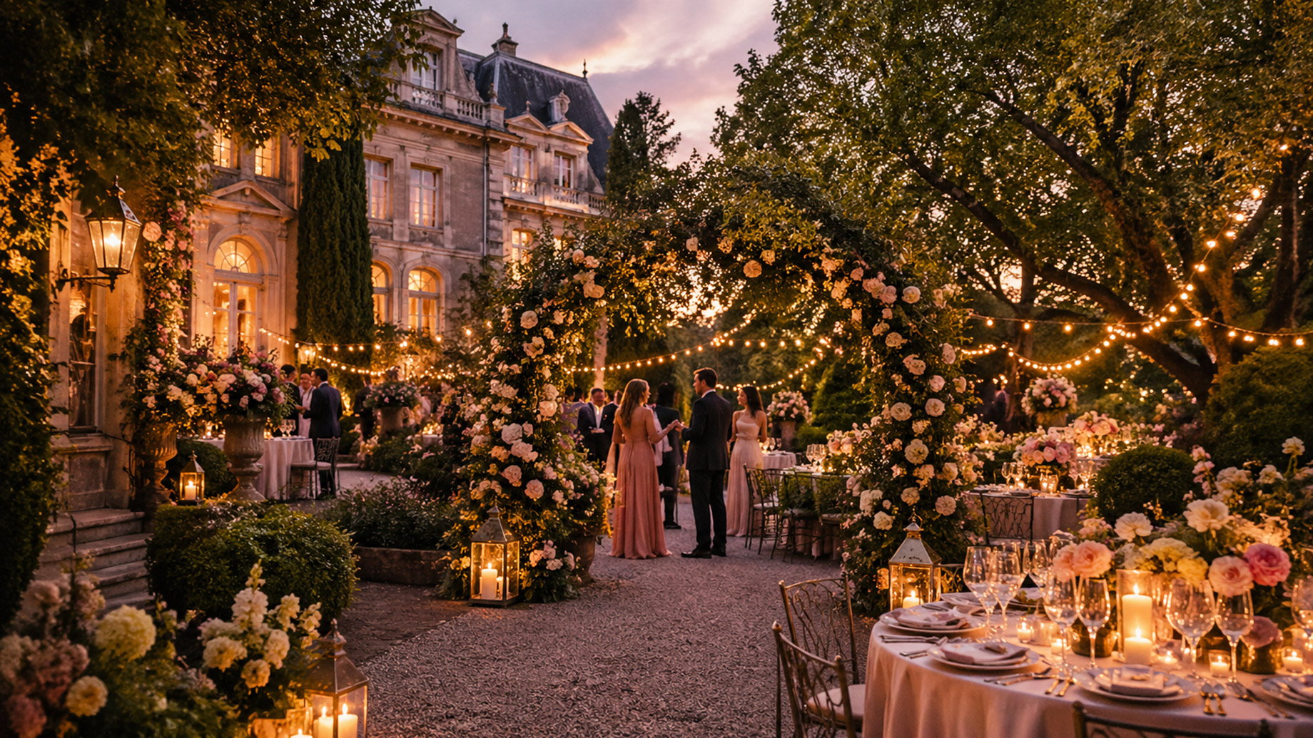 Elegant garden wedding reception at a luxury estate with floral arches, candlelit tables, string lights, and guests in formal attire at sunset.