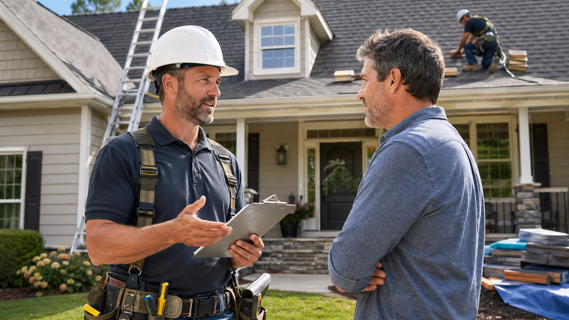 Professional roofer discussing a written estimate with a homeowner outside a house while roofing work takes place in the background.
