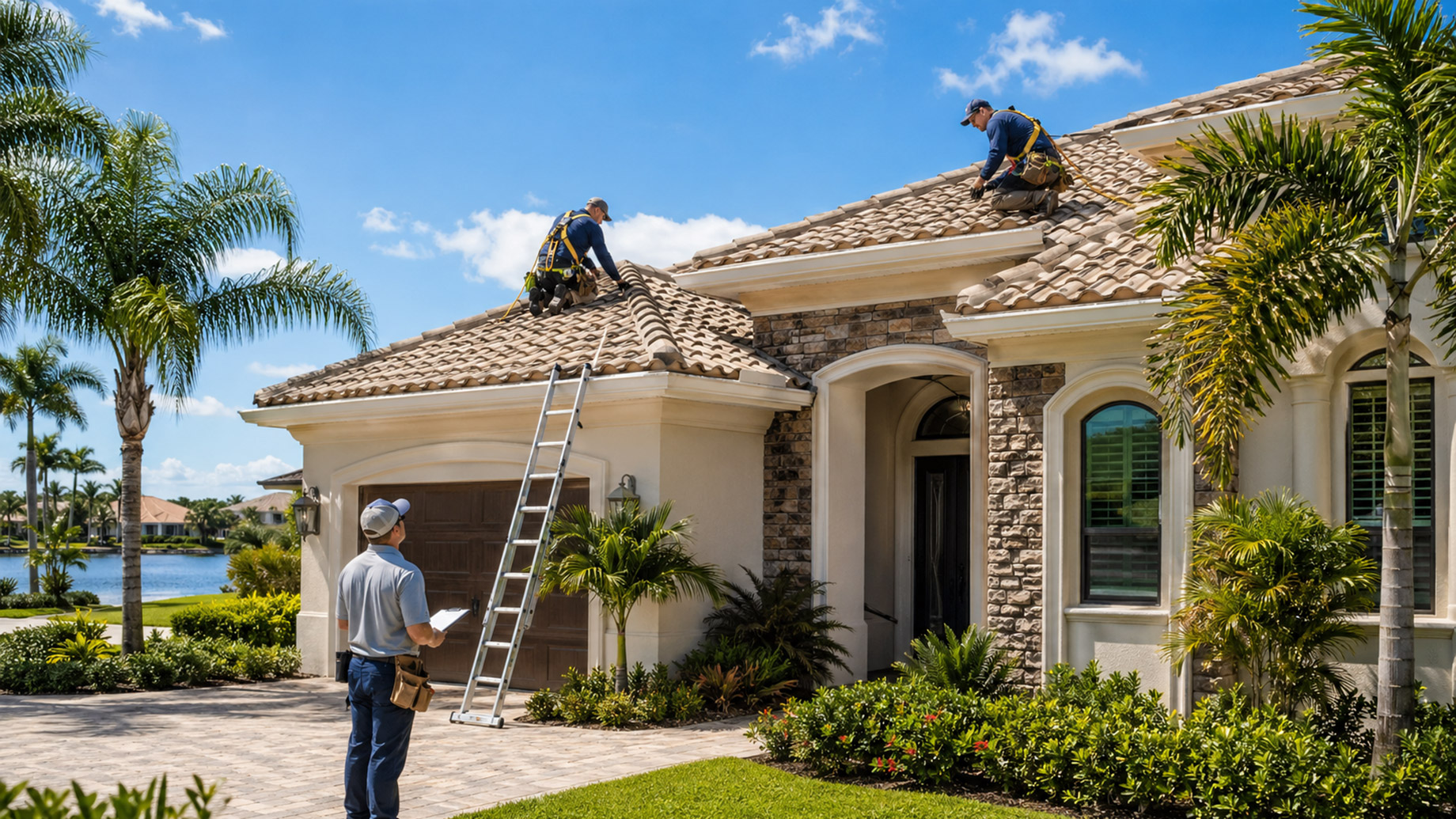 Professional roofers inspecting and servicing the tile roof of a luxury Fort Myers home surrounded by palm trees and tropical landscaping.