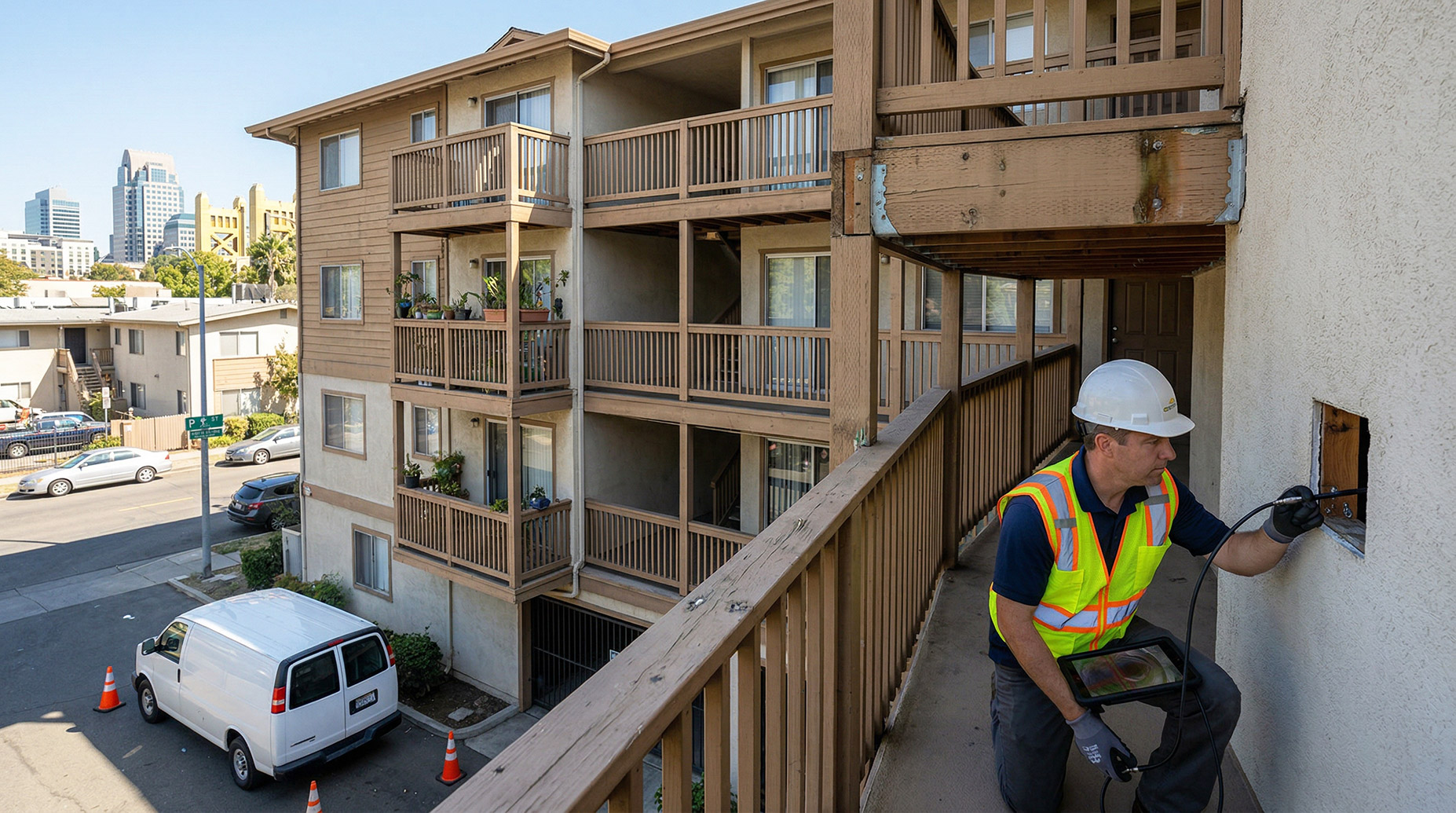 A professional inspector wearing a white hard hat and yellow safety vest kneels on an elevated wooden walkway, using a borescope camera to examine the internal wood framing through a small opening in the exterior wall of a multi-story apartment building.
