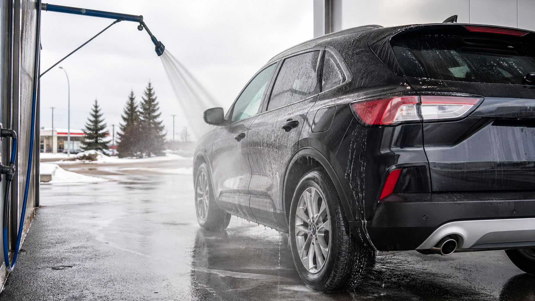 Black SUV being rinsed with high-pressure water in a car wash bay during snowy winter conditions in Central Alberta.