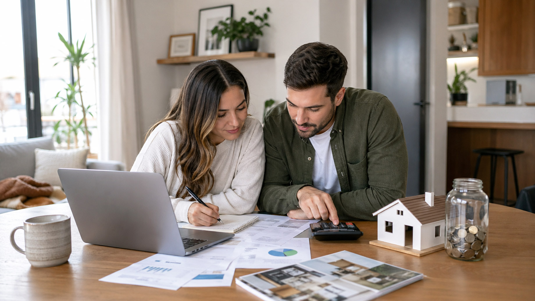 Young couple reviewing budget papers, laptop, calculator, savings jar, and small house model at a kitchen table.