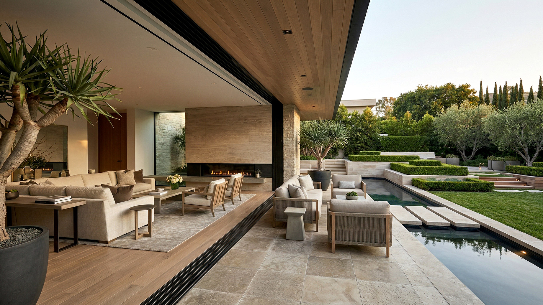 A luxurious contemporary home featuring a seamless transition between an indoor living room and an outdoor patio. The interior has beige sofas and a linear fireplace set into a stone wall. Large sliding glass doors open to a travertine patio with woven outdoor furniture. Beyond the patio is a dark, rectangular reflection pool with floating stepping stones, leading to a manicured garden with tiered hedges and mature trees.