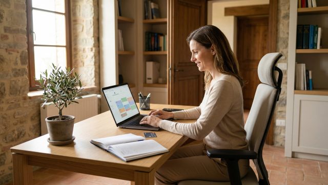 A smiling woman sits in an ergonomic chair at a clean, organized wooden desk in a well-lit home office with rustic stone walls. She is typing on a laptop that displays a weekly calendar. An open notebook, a credit card, and a small potted plant rest on the desk beside her.