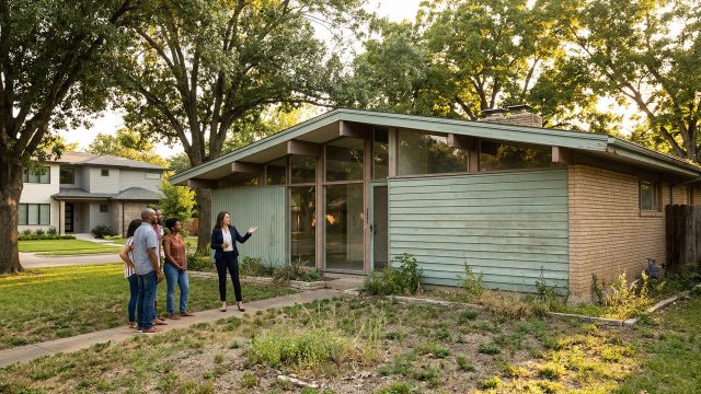 A real estate agent stands on a sidewalk, gesturing toward a mid-century modern house with an unkempt lawn, while a small group of prospective buyers looks on.