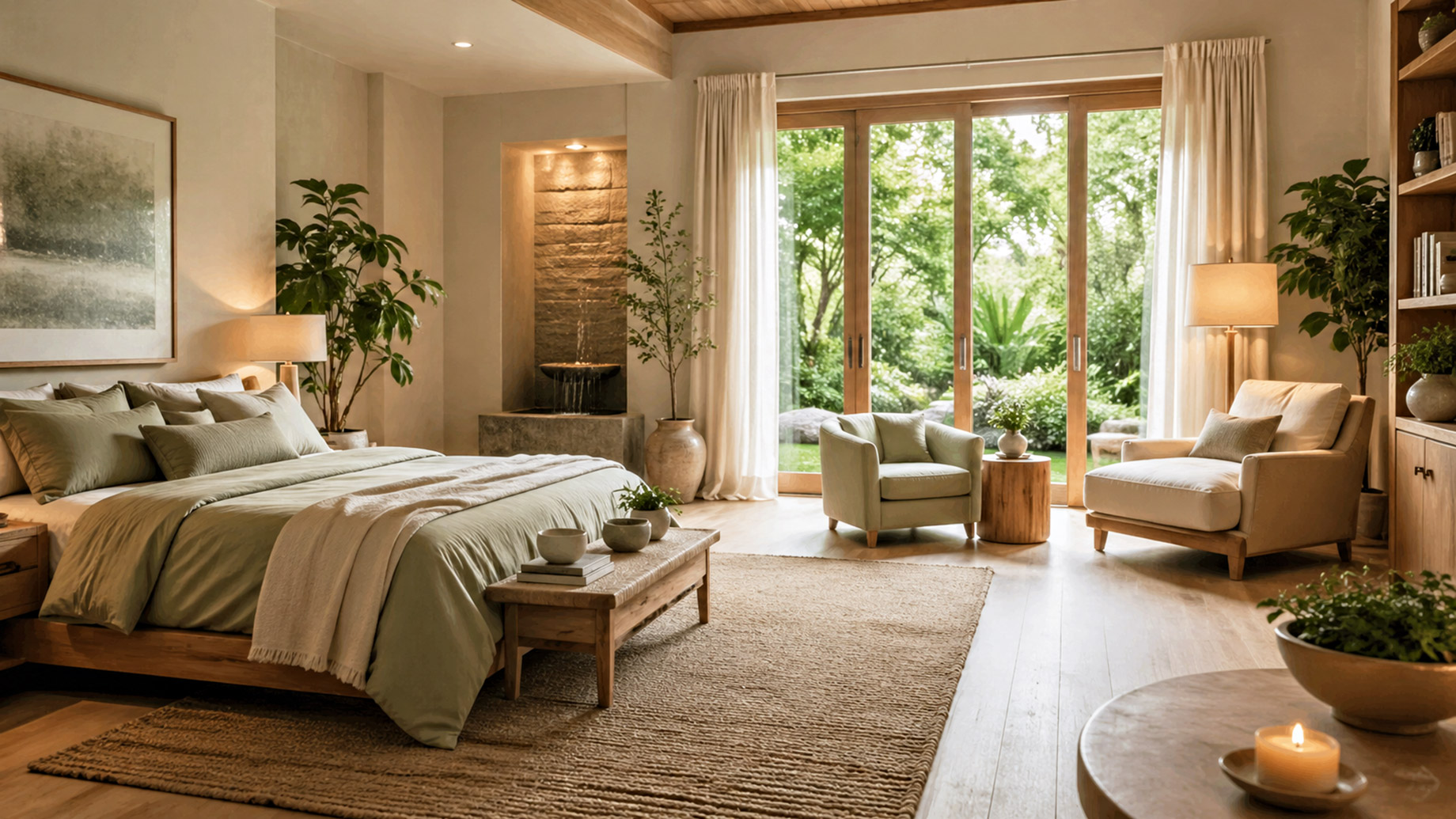 Peaceful therapeutic bedroom with sage green bedding, indoor plants, natural wood, soft lighting, and large windows overlooking a lush garden.