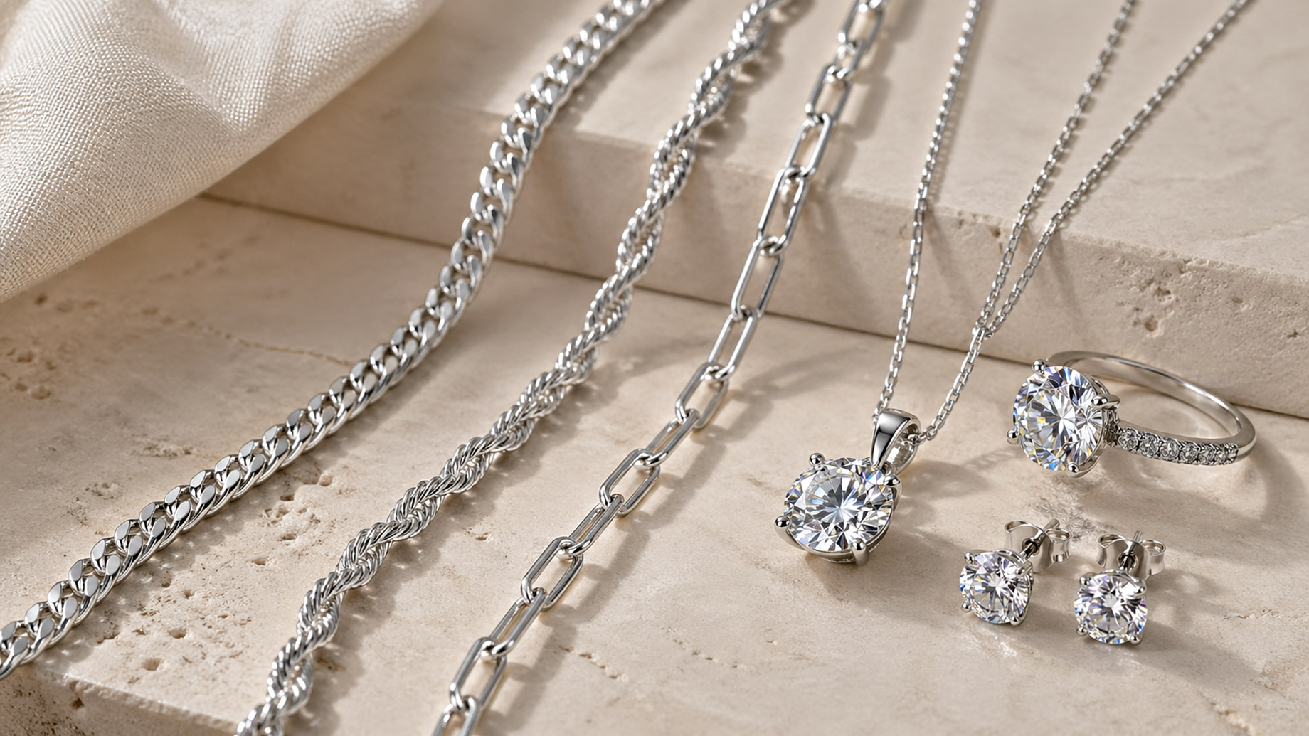 Silver chains, a moissanite pendant necklace, stud earrings, and a ring arranged on a neutral marble surface.