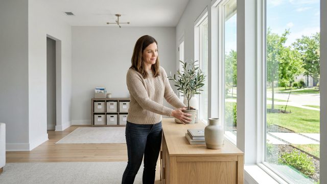 A smiling woman in a bright, cleanly styled living room gently places a small potted plant on a light wood console table next to a large window. The room is bathed in natural light and features light hardwood floors, neutral walls, and neatly organized storage bins in the background, showcasing a decluttered and welcoming environment.