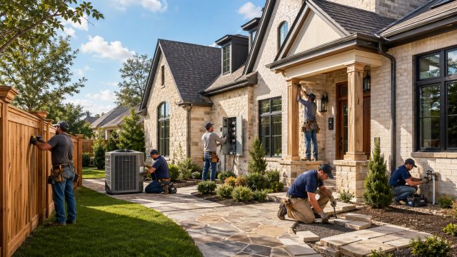 Skilled trade professionals working on fencing, HVAC, electrical, carpentry, masonry, and plumbing projects at an upscale Dallas-Fort Worth home.