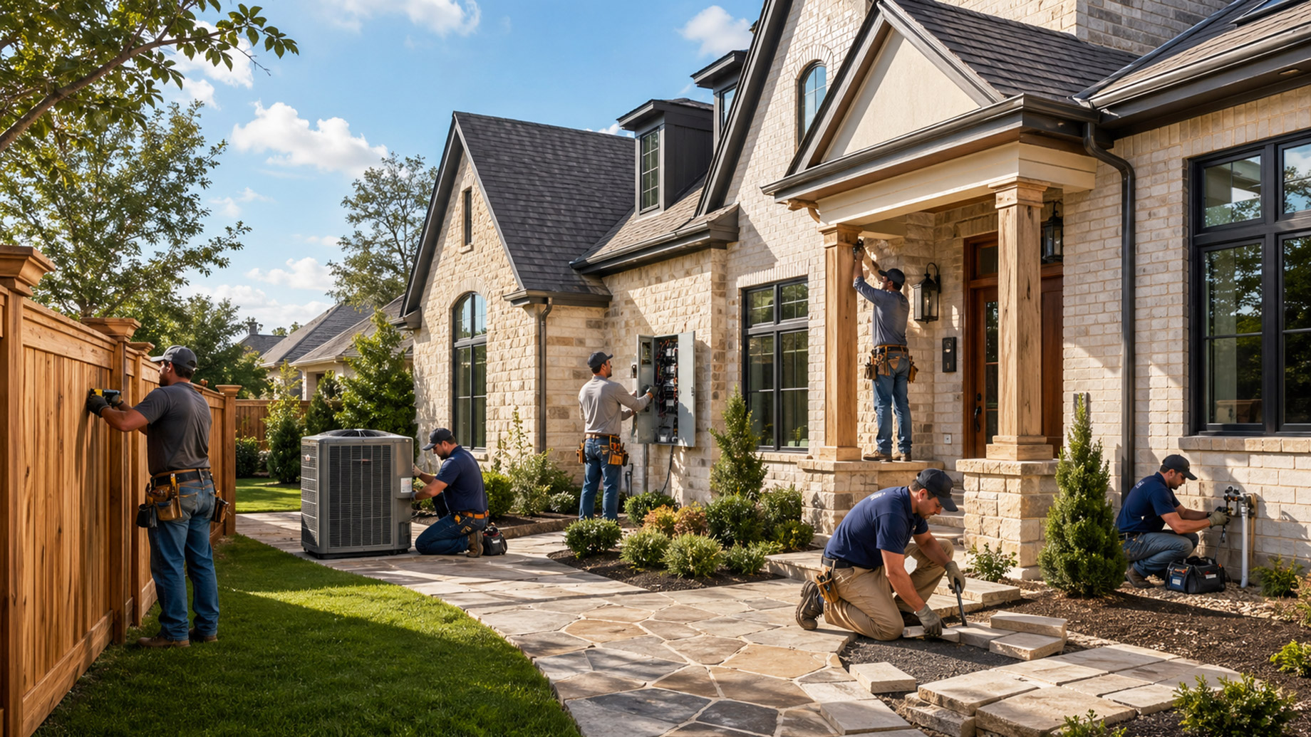 Skilled trade professionals working on fencing, HVAC, electrical, carpentry, masonry, and plumbing projects at an upscale Dallas-Fort Worth home.