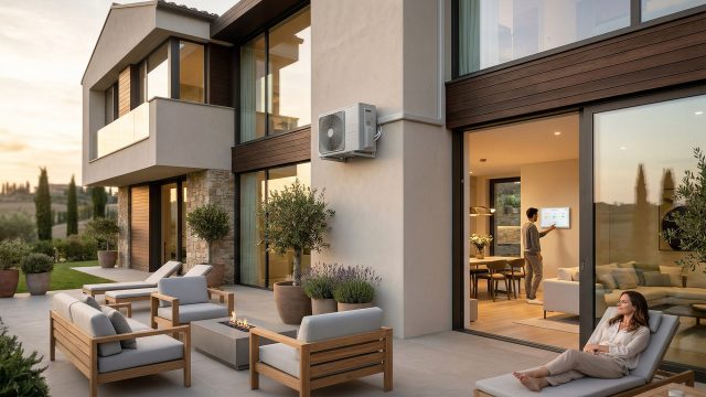 A modern multi-story luxury house at sunset with an expansive outdoor patio. A woman relaxes on a lounge chair outside, while inside through large glass doors, a man adjusts a wall-mounted smart home controller. A sleek air conditioning unit is mounted on the exterior wall. Rolling hills are visible in the background.