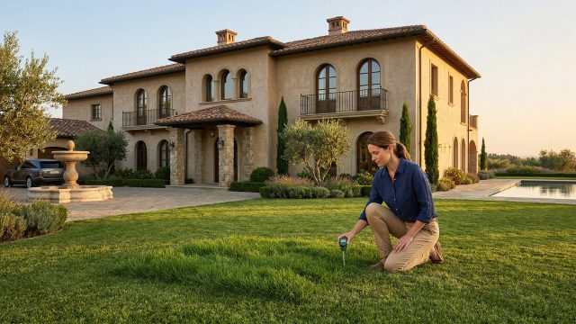 A woman kneels on a manicured green lawn in the foreground, inserting a soil moisture meter with a probe into the ground. In the background is a sprawling, multi-story Tuscan-style villa with stone walls and terracotta roofs, surrounded by cypress and olive trees, all under warm golden hour sunlight.