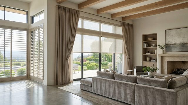 A high-end modern living room with exposed wood ceiling beams, polished concrete floors, and a large plush sectional sofa. The expansive windows feature layered treatments: plantation shutters on the left, and sheer roller shades with floor-length beige drapes in the center, filtering the light while showing a manicured garden with hedges and scenic hills outside. A stone fireplace with abstract art is on the right.
