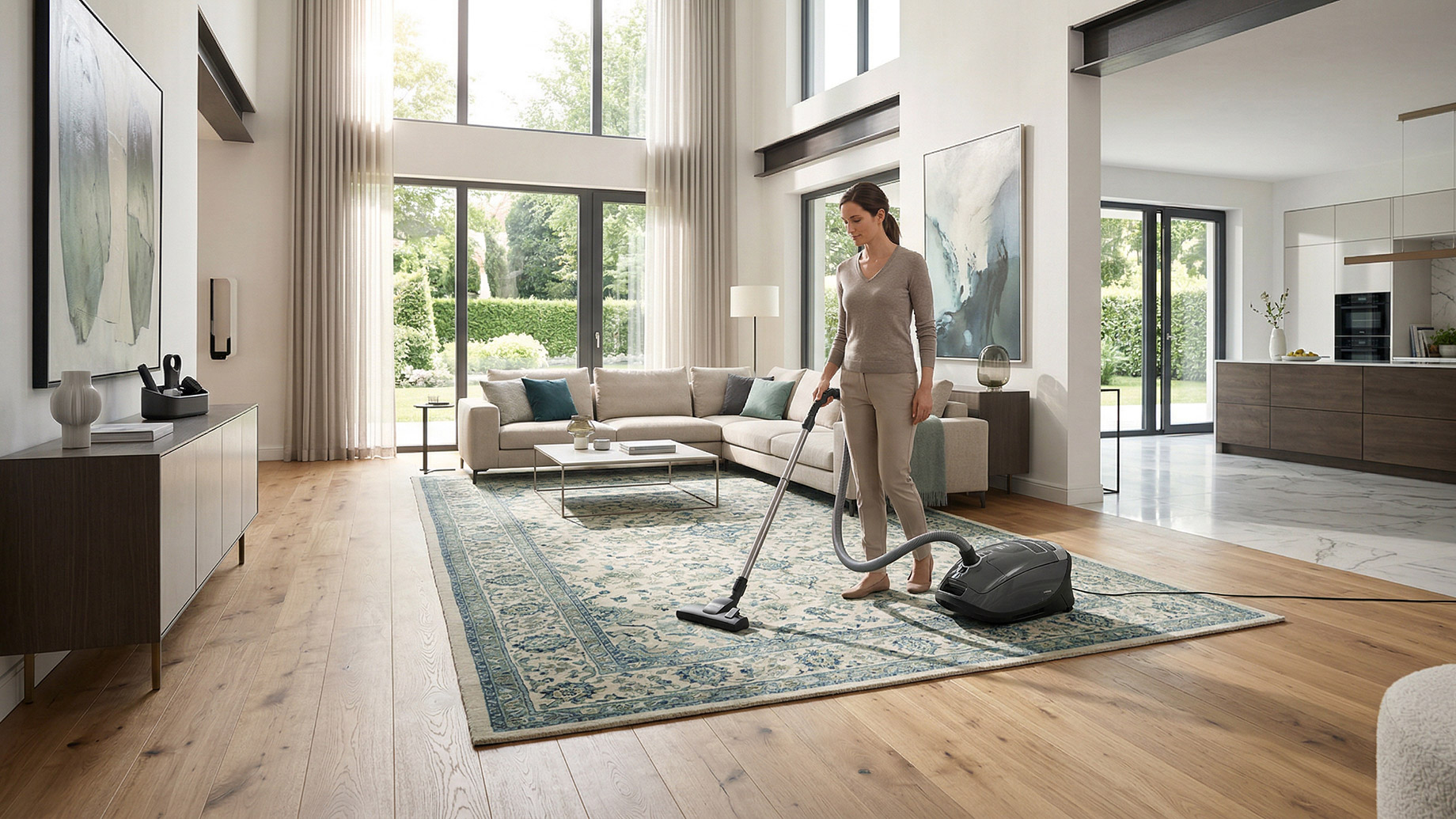 A woman uses a dark gray canister vacuum cleaner on a large patterned area rug inside a bright, luxurious open-plan living room with hardwood floors, high ceilings, and large windows.