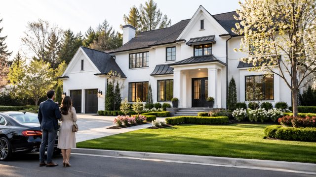 Prospective buyers standing beside a car and viewing a luxury home with a manicured lawn, blooming trees, and polished spring landscaping.