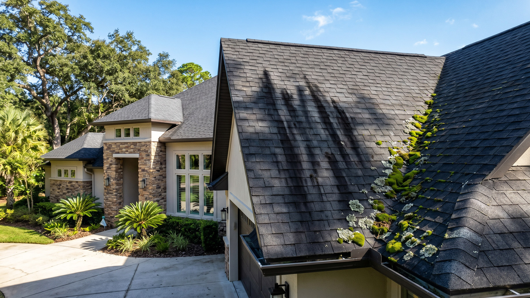 An elevated capture of a modern multi-level house on a sunny day, with its dark grey asphalt shingle roof showing extensive vertical black streaks on one section and aggressive green moss and greyish lichen growing along the right-hand edge of the foreground gable. The house features stone and stucco walls, large windows, and manicured tropical landscaping under a blue sky.