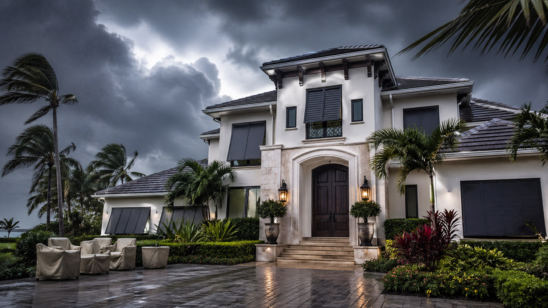 Luxury coastal home with storm shutters, secured outdoor furniture, wet driveway, palm trees, and dark storm clouds approaching.