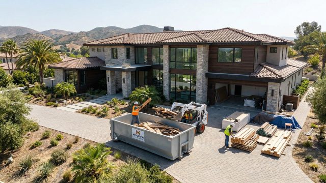 Construction workers in high-visibility gear and a small loader depositing wood debris into a large grey roll-off dumpster situated on the wide paved driveway of a modern luxury home, with organized building materials stacked nearby.