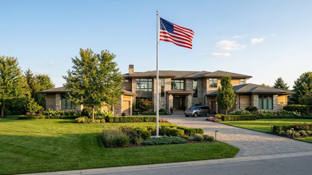 A tall silver flagpole flying the American flag stands prominently on the manicured front lawn of a large, modern luxury home with a stone and wood exterior. A paved driveway leads to the sprawling house under a clear blue sky.