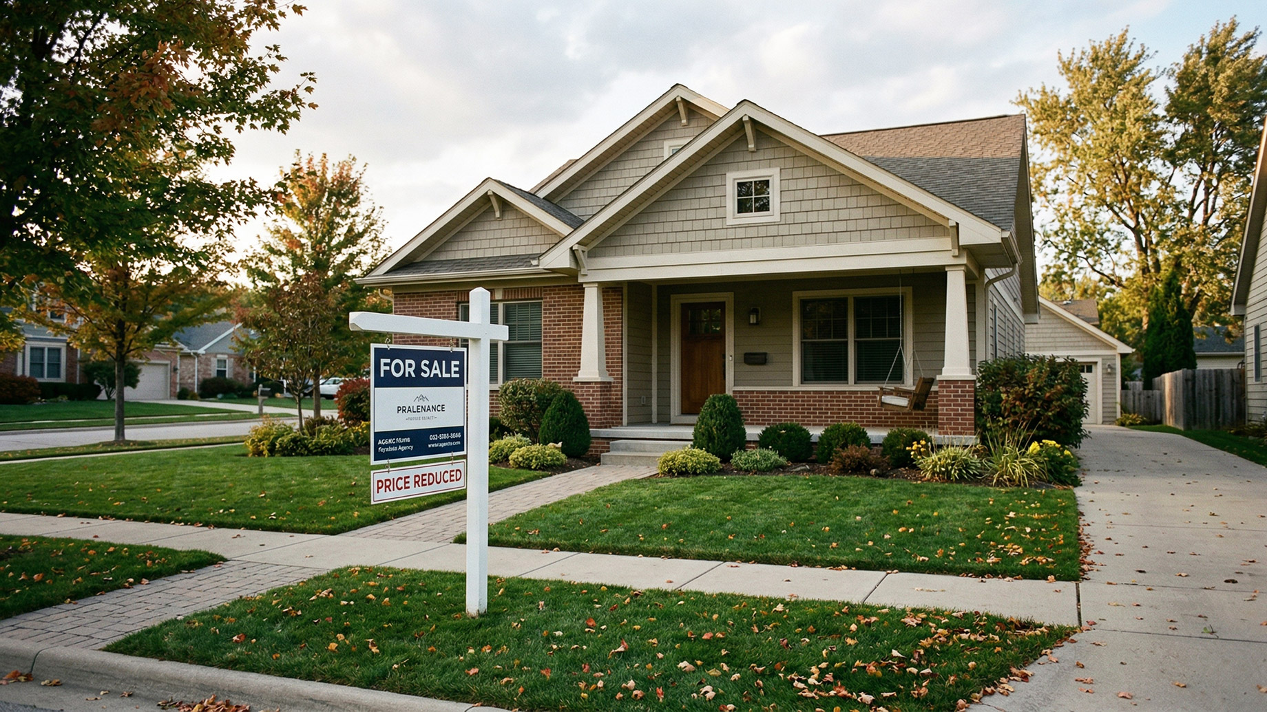 A well-maintained, single-family suburban house with a front porch and a real estate sign planted in the front yard, indicating a recent price adjustment.