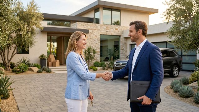 A woman in a light blue blazer and white pants shakes hands and smiles with a man in a navy blue suit on a paved driveway in front of a contemporary luxury house with stone architecture. Moving boxes are visible near the entrance, and desert landscaping surrounds the home under golden hour light. The woman holds keys, and the man holds a portfolio.