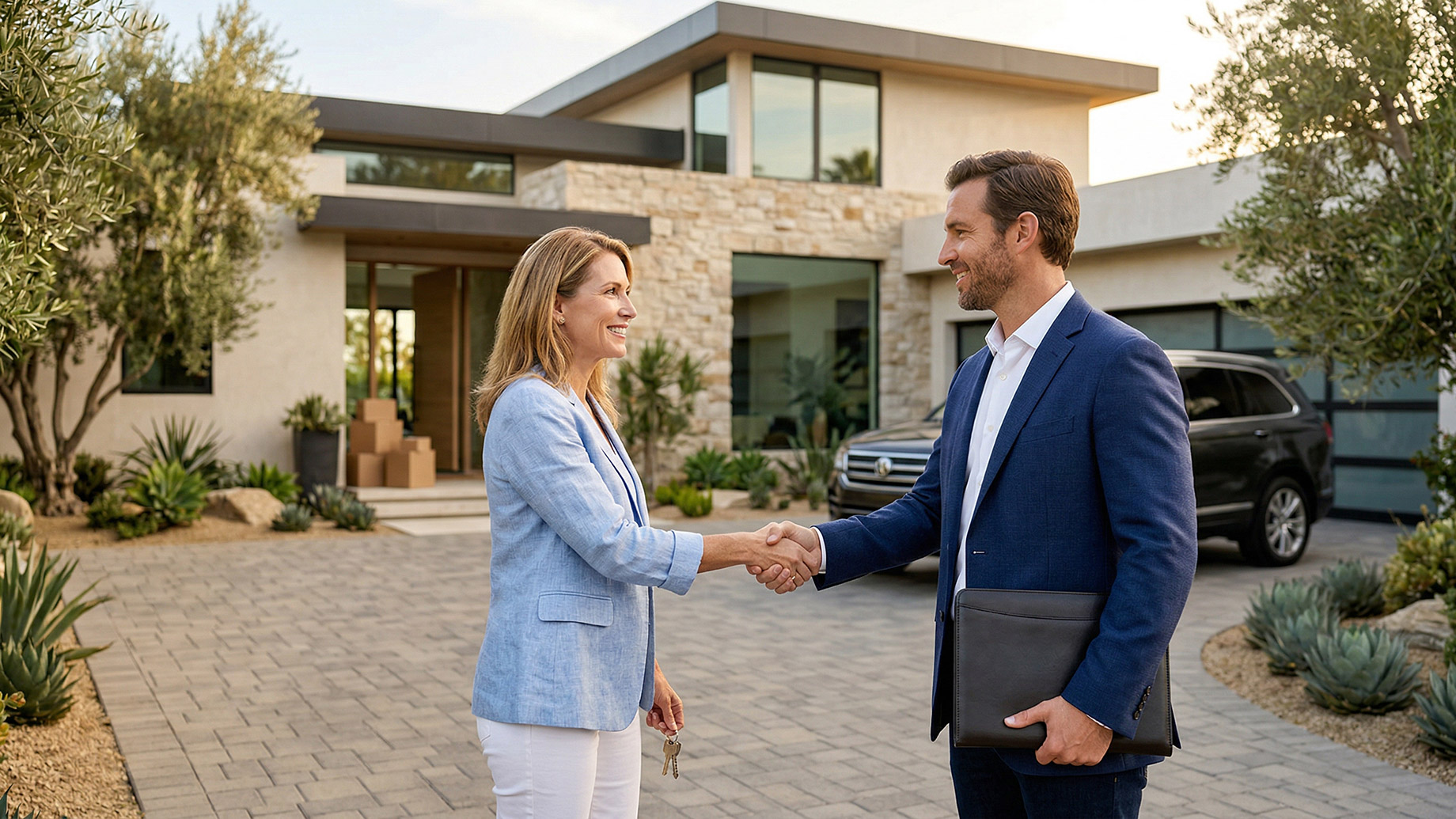 A woman in a light blue blazer and white pants shakes hands and smiles with a man in a navy blue suit on a paved driveway in front of a contemporary luxury house with stone architecture. Moving boxes are visible near the entrance, and desert landscaping surrounds the home under golden hour light. The woman holds keys, and the man holds a portfolio.