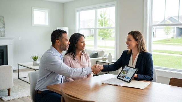 A couple is seated at a wooden dining table, with the man shaking hands with a smiling real estate agent. The agent is holding a tablet with a house listing on the screen. A file folder is also on the table. The background shows a bright, modern interior with large windows and a view of neighboring suburban homes.
