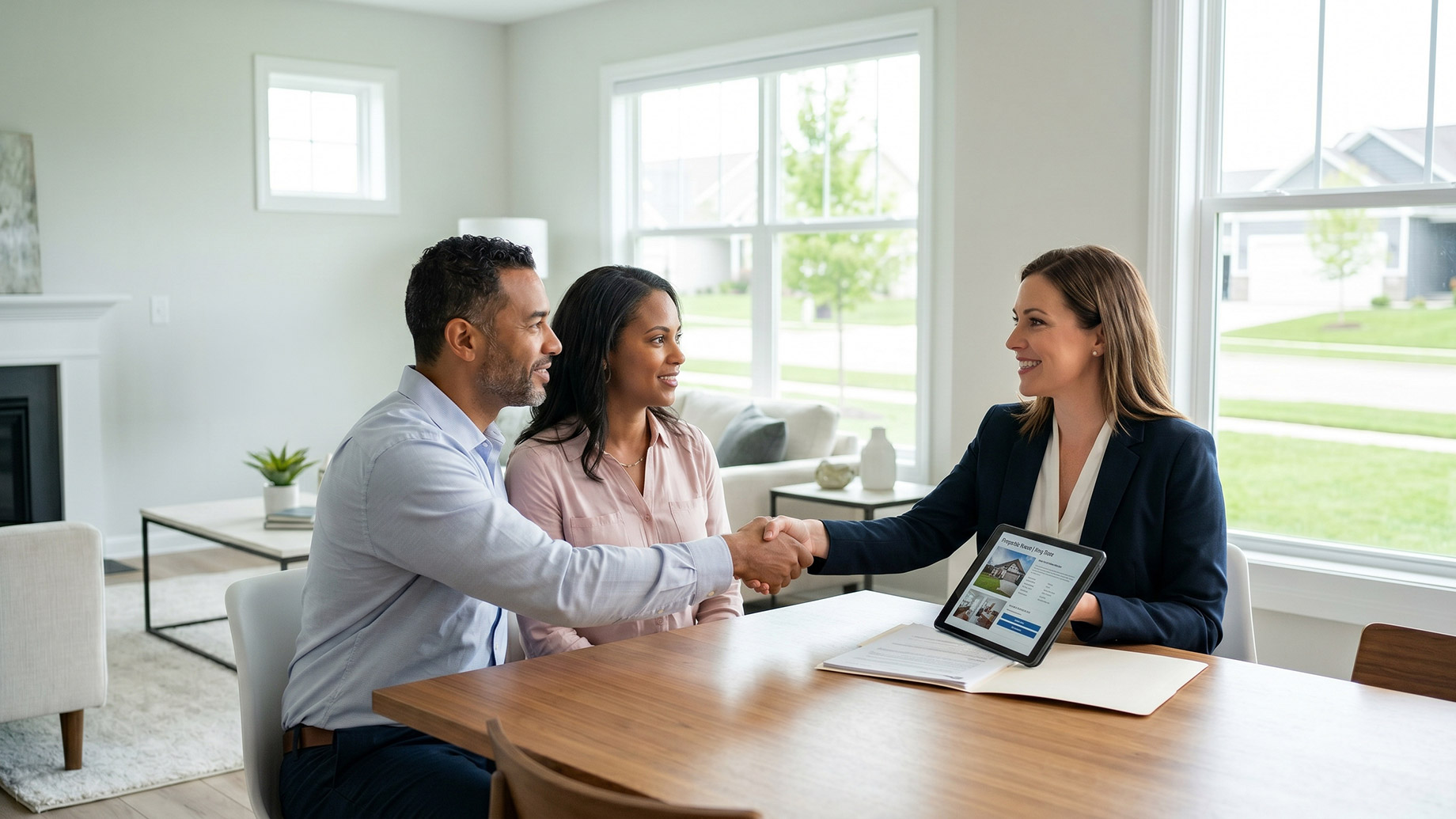 A couple is seated at a wooden dining table, with the man shaking hands with a smiling real estate agent. The agent is holding a tablet with a house listing on the screen. A file folder is also on the table. The background shows a bright, modern interior with large windows and a view of neighboring suburban homes.