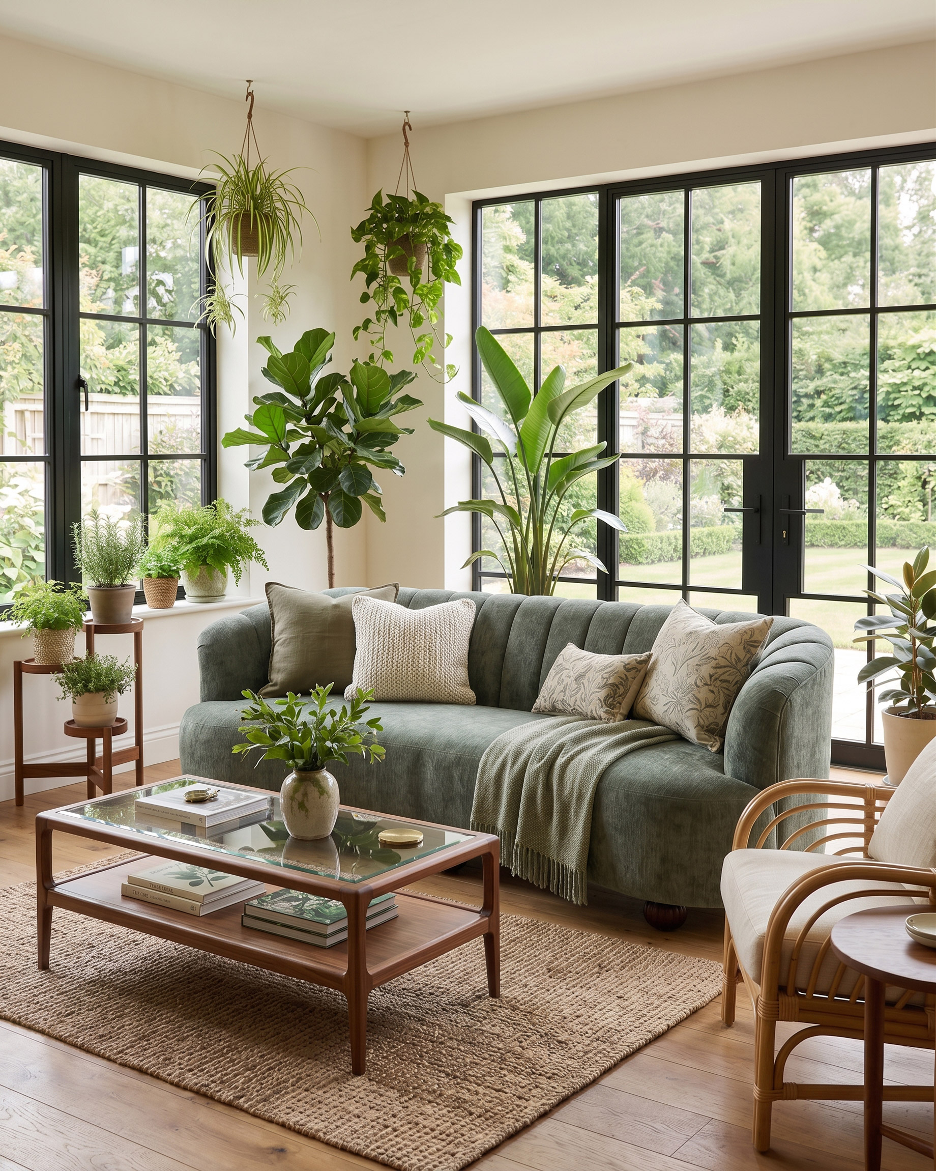 A sun-drenched sunroom corner featuring large black-framed casement windows looking onto a lush garden. A unique, curved, muted-green sofa sits on a jute rug, styled with botanical pillows and a knit throw. An abundant collection of houseplants is present, including a fiddle leaf fig, a large banana plant, hanging pothos and spider plants, and a tiered stand with smaller pots. A mid-century wood and glass coffee table with books and a prominent variegated plant is in the center, next to a rattan armchair. Terracotta and woven basket pots are used for the plants. Light wood floors are visible.