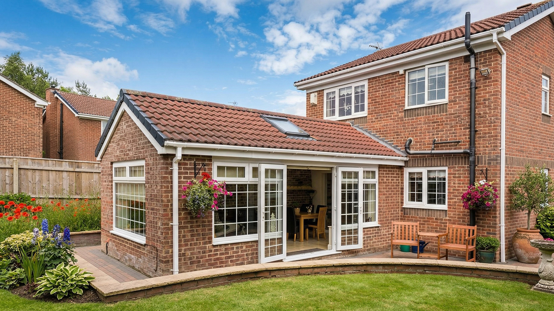 A single-story brick sunroom extension with large white windows and open French doors, attached to a two-story brick house. The extension is surrounded by a brick patio, a curved retaining wall, a manicured lawn, and colorful garden flowers.