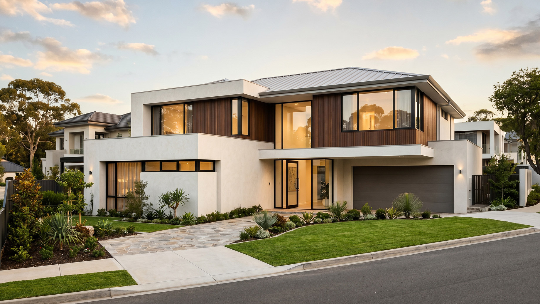A modern, two-story luxury house at dusk. The exterior architecture features a striking combination of smooth white render and dark vertical timber cladding. Expansive black-framed windows glow with warm interior lighting. The property includes a manicured green lawn, contemporary landscaped garden beds with native plants, a natural stone-paved driveway, and a wide grey double garage. The background features a soft sunset sky with light clouds.