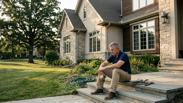 A middle-aged man in a blue shirt and khaki pants sits on the stone steps of a large, stone-fronted house. He is leaning forward, holding gardening gloves in his hands, and looks downcast and tired. Gardening tools and a coiled hose are visible on the lawn beside him.