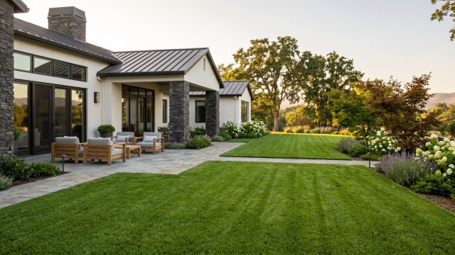 A lush, perfectly manicured green lawn with clean mowing stripes in the backyard of a modern luxury home. The yard features a stone patio with wooden lounge chairs, well-tended garden beds with white flowers, and mature trees in the background under soft sunlight.