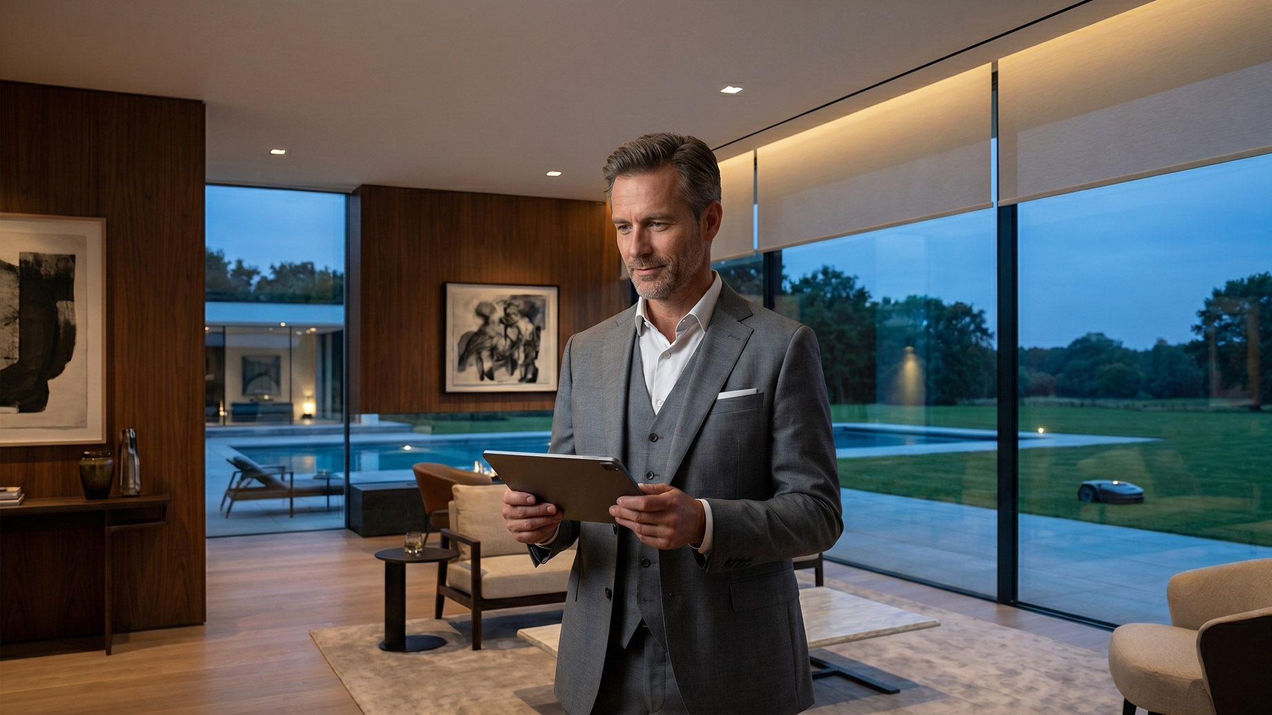 A professionally dressed man in a grey suit uses a tablet inside a modern luxury home, with floor-to-ceiling windows revealing a private pool and pristine lawn at dusk.