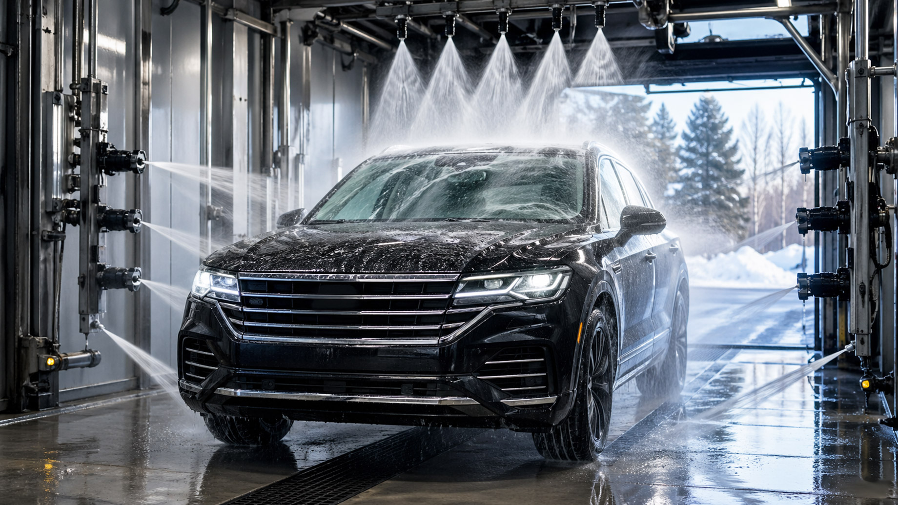 Dark crossover vehicle being cleaned by high-pressure touchless water jets inside a modern automated wash bay with snow outside.