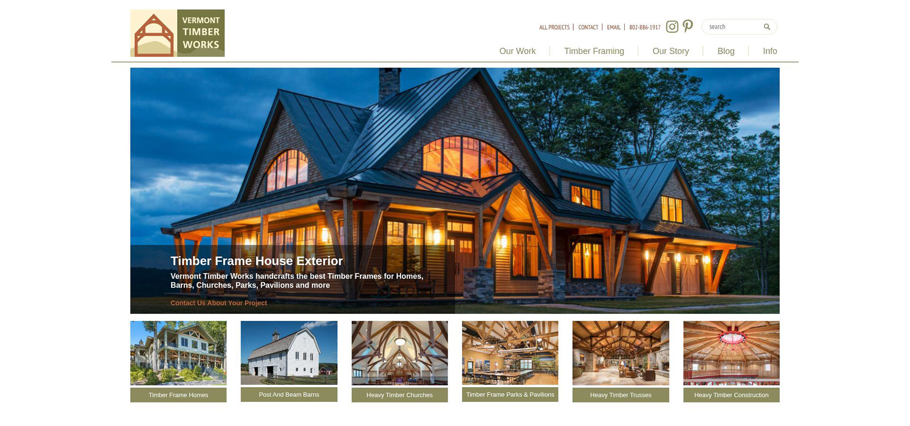 Vermont Timber Works Custom Timber Frame Portfolio Website Screenshot