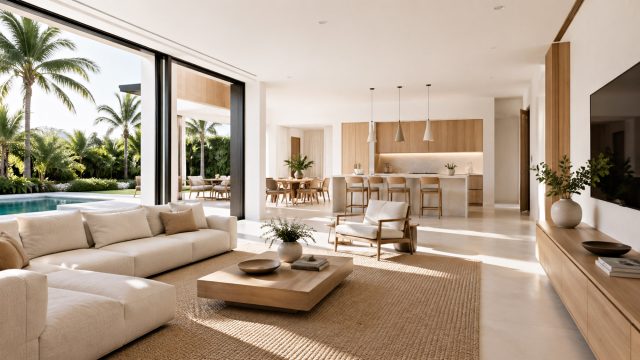 Bright South Florida home interior with warm minimalist décor, light wood finishes, neutral furniture, sliding glass doors, and tropical pool views.