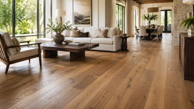 Open living and dining area with wide plank hardwood flooring, neutral furniture, large windows, and warm natural light.