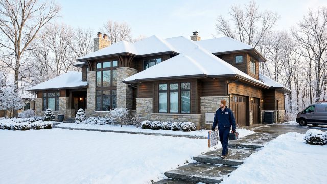 A professional heating technician carrying a toolbox and a new air filter walks along a snowy path toward a large luxury house with wood and stone siding during the winter.
