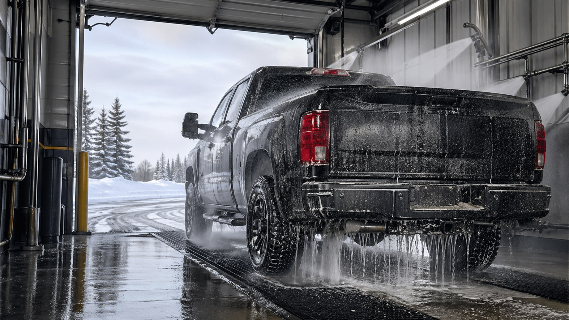 Dark pickup truck being cleaned with high-pressure water inside a winter wash bay with snow-covered trees outside.