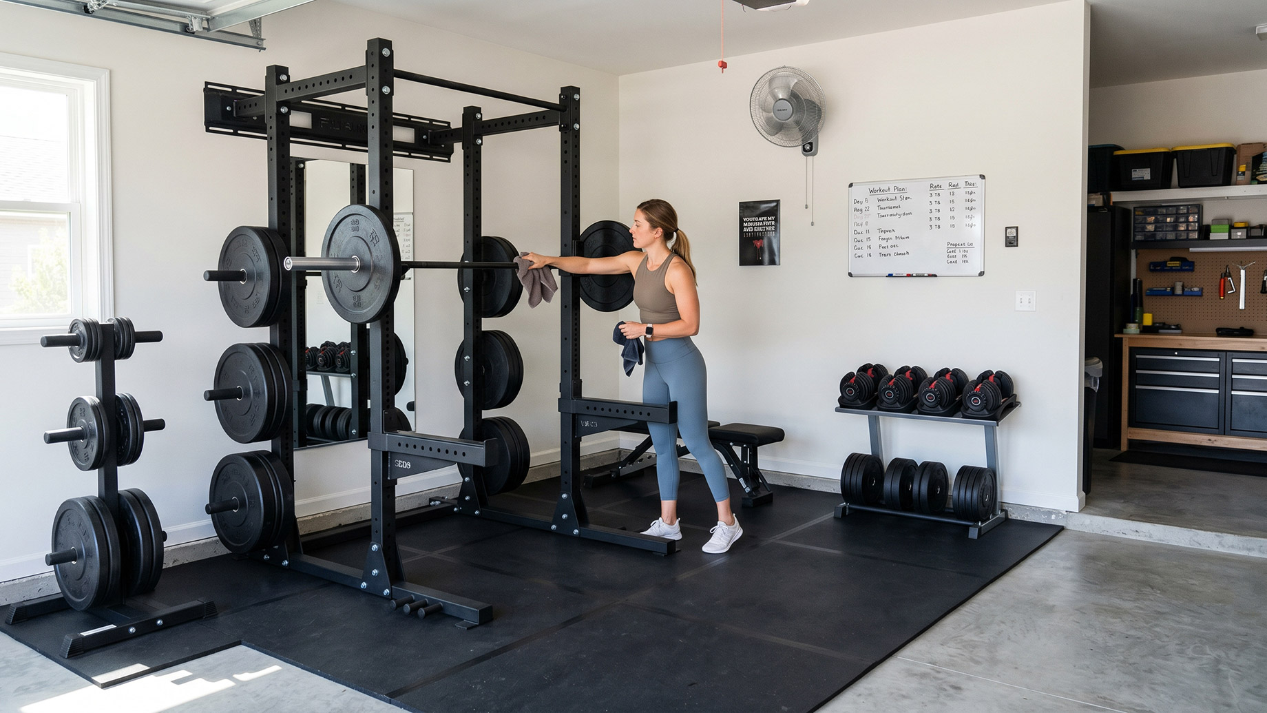 A woman in athletic wear wipes a barbell on a loaded black power rack in a well-organized garage gym. The space includes multiple weight trees, a dumbbell rack, interlocking black mats, and a whiteboard. In the background, a workbench and open garage door are visible.