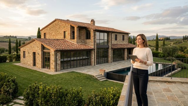 A woman holding a tablet on a balcony overlooks a large stone Tuscan villa with a pool and scenic hills.
