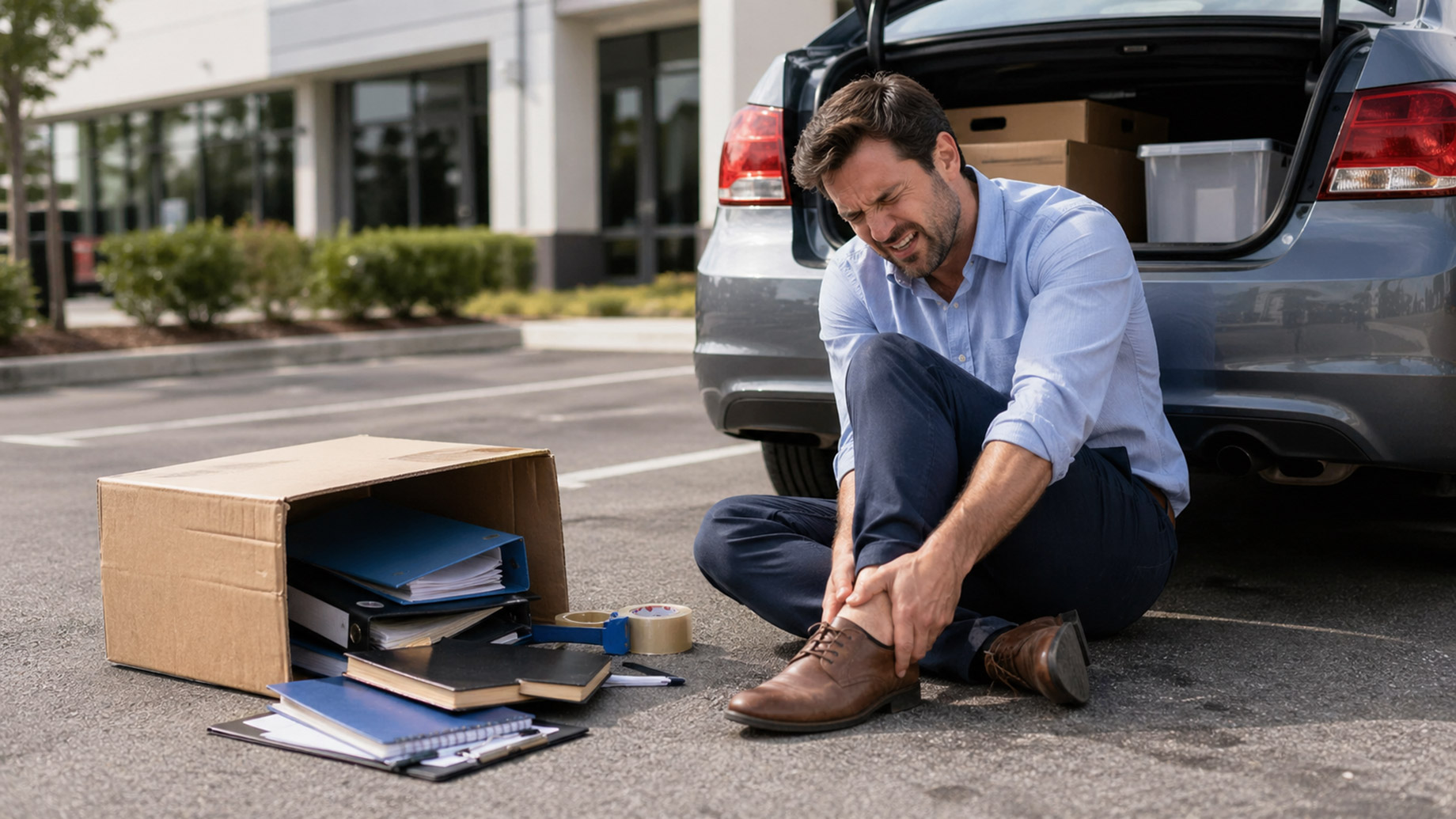 Worker sitting on pavement beside an open car trunk after dropping office supplies, holding his ankle in pain while running a work errand