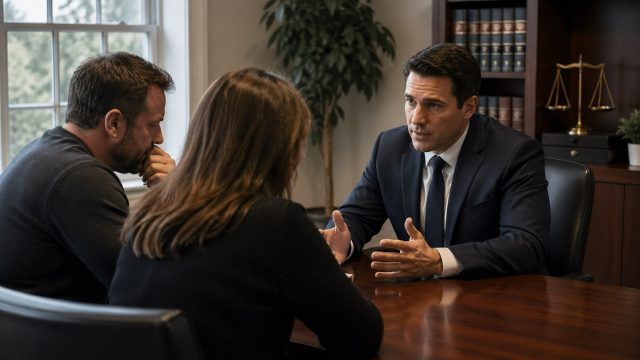 Attorney speaking with grieving clients during a serious legal consultation in a professional law office.