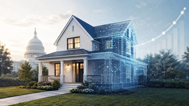 A modern American home partially transformed into a digital blueprint, with a blurred U.S. Capitol dome and rising rate curve in the background.