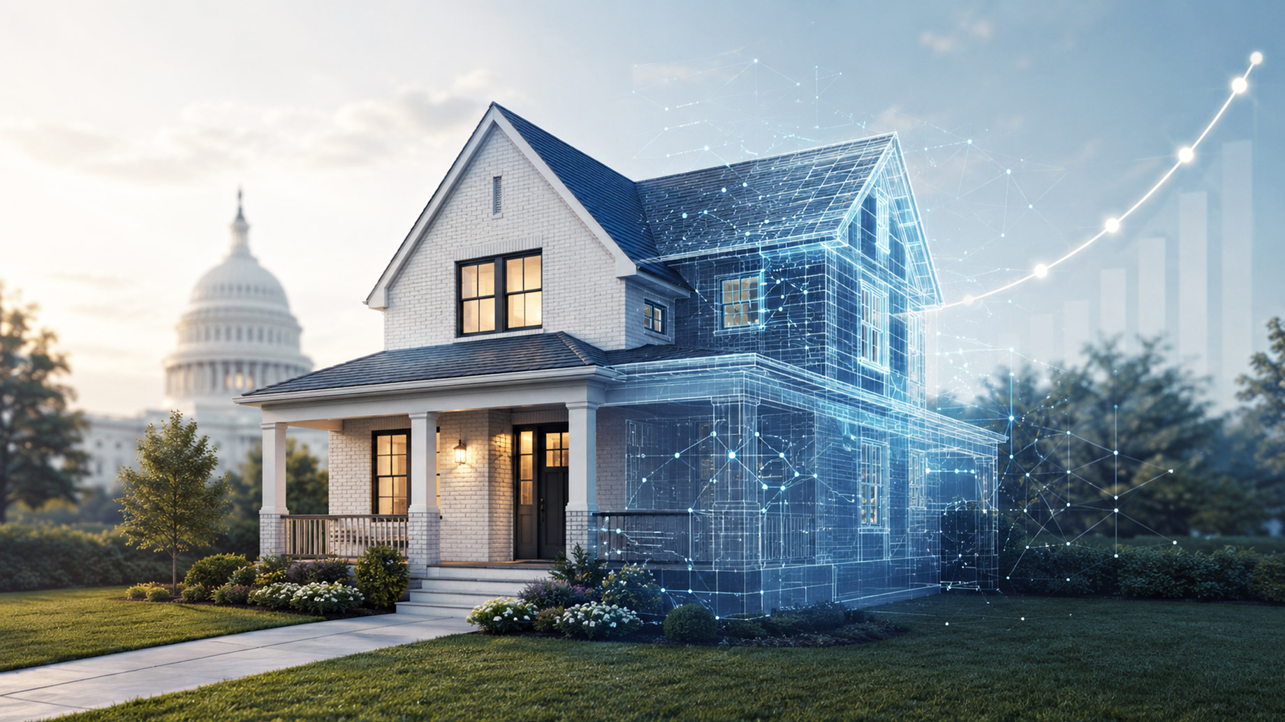A modern American home partially transformed into a digital blueprint, with a blurred U.S. Capitol dome and rising rate curve in the background.